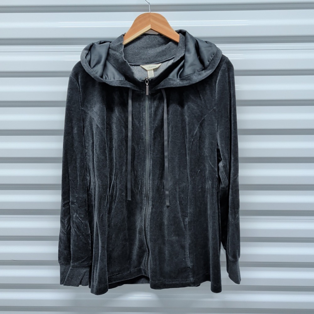 Soma‎ Velour Zip Up Hoodie XL Womens Gray Satin Lined Hood Long Sleeve Lounge